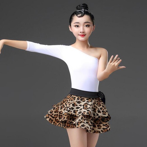 Kids latin dance dresses black white leopard printed stage performance chacha rumba dance skirts 